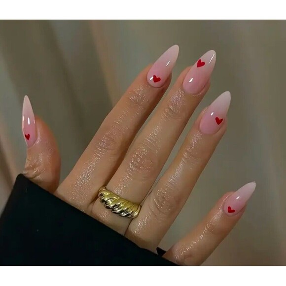 Valentine's‎ Day Almond Press on Nails Red Heart Nude False Art 24pcs FAST SHIP! - Picture 7 of 8